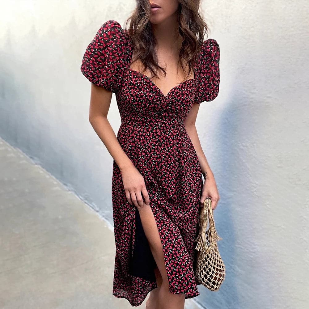 Women Elegant Floral Print Summer Dress Vneck Puff Sleeve Split Midi Dress