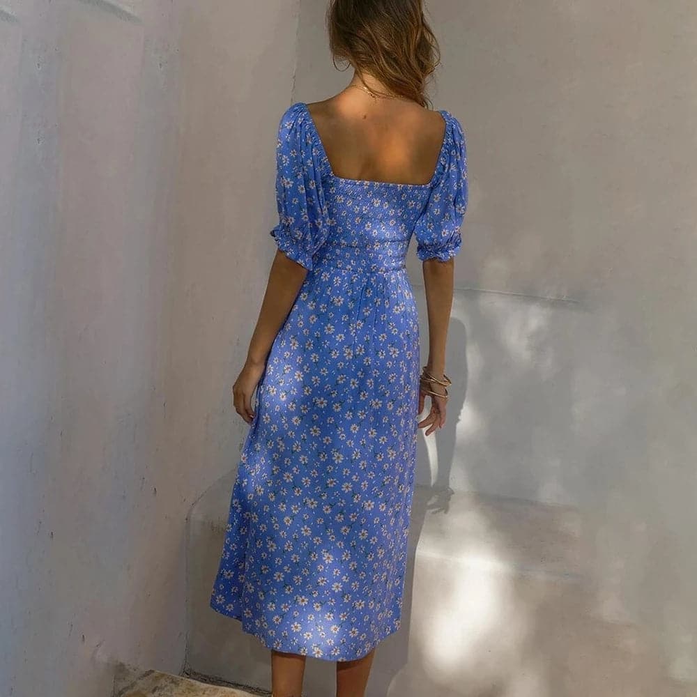 Women Elegant Floral Print Summer Dress Vneck Puff Sleeve Split Midi Dress