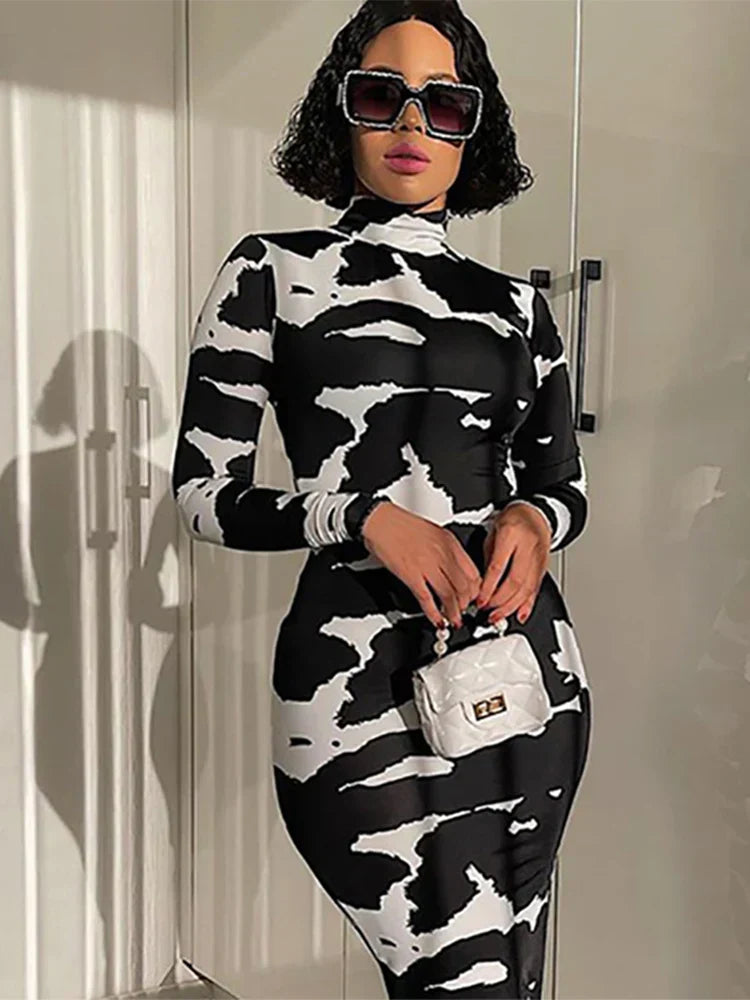 Printed Long Sleeve Pencil Midi Dress - View 2 | VelvetHem