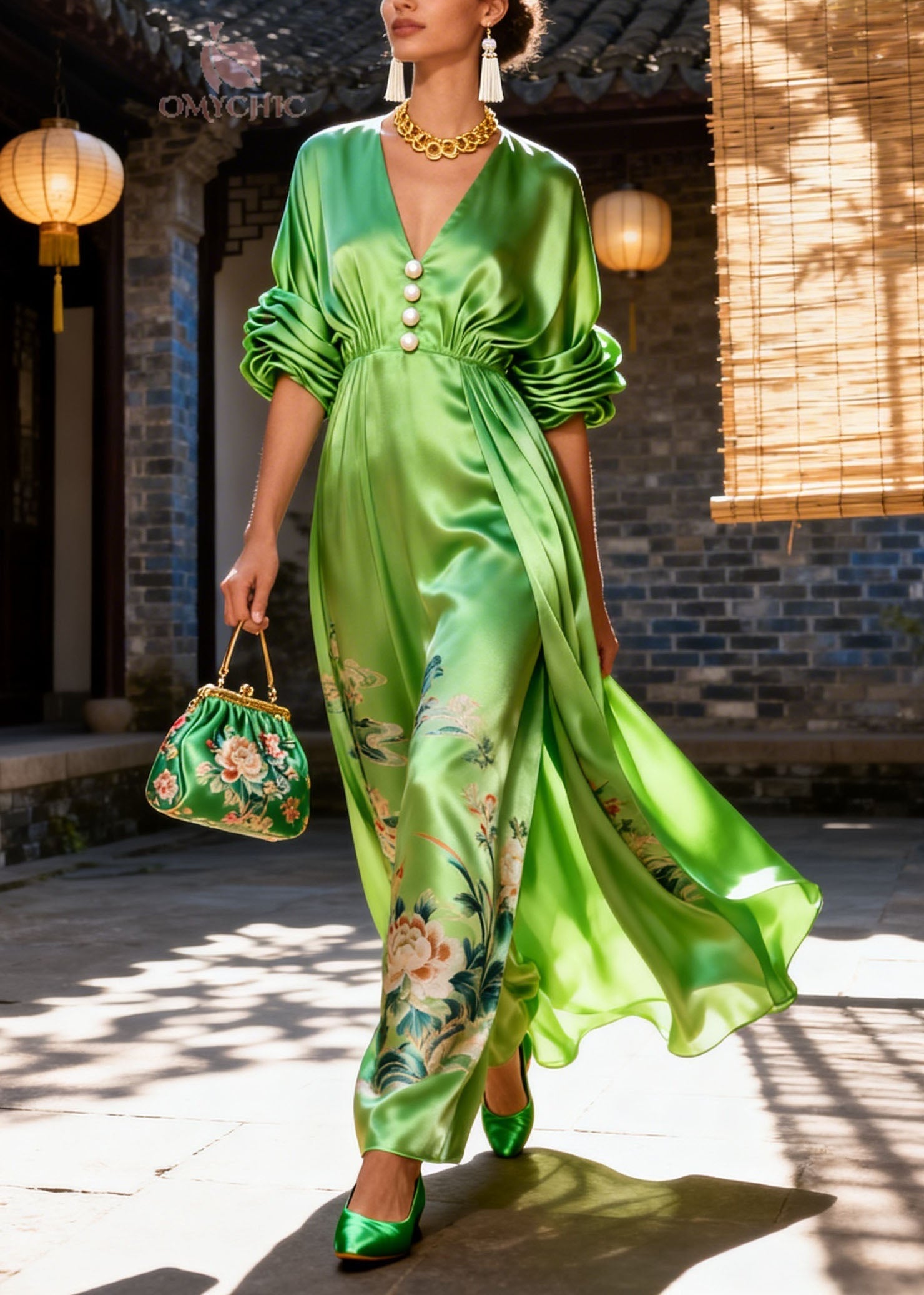 Women Green V Neck Wrinkled Print Silk Long Dress Summer