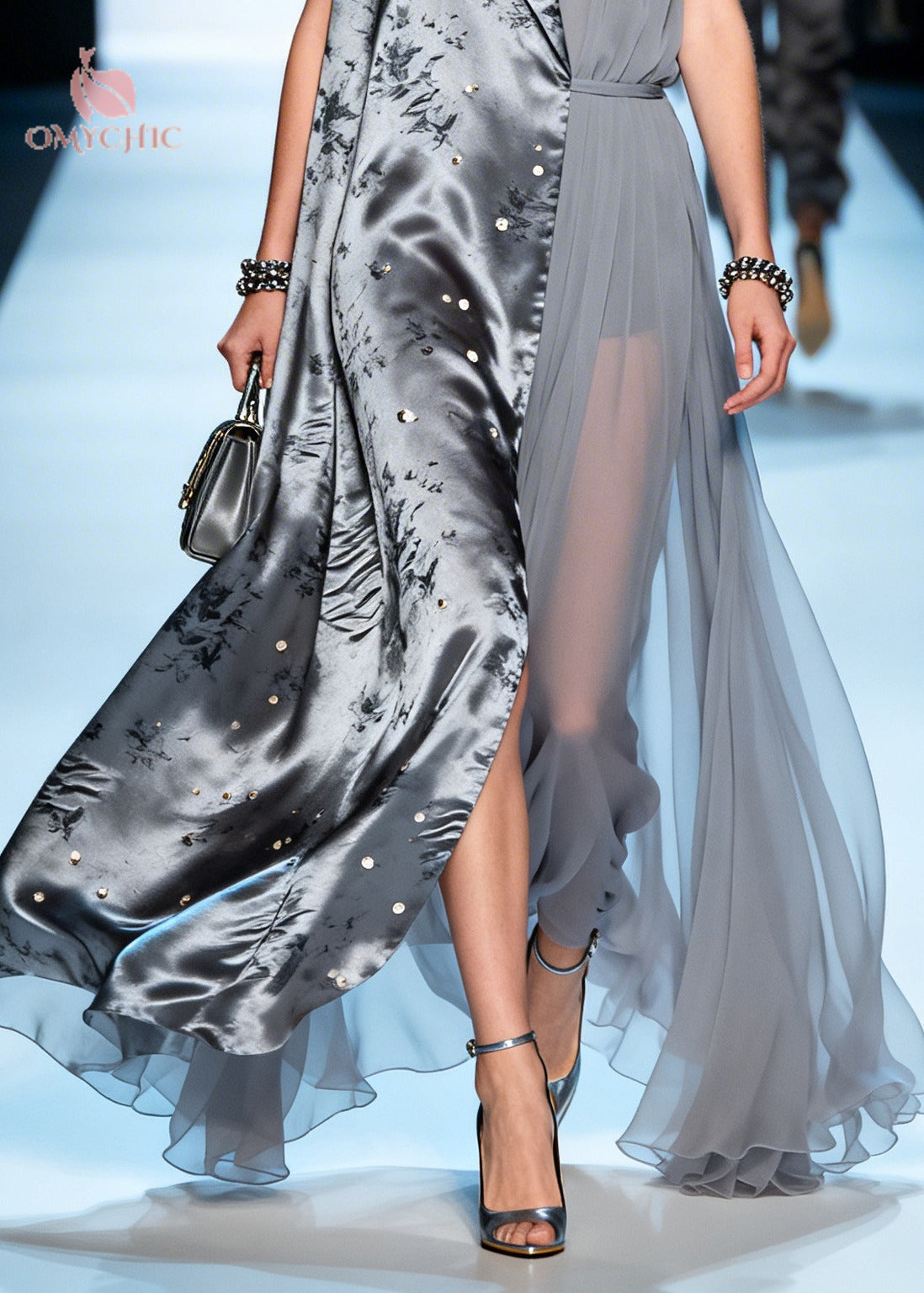 Women Grey Asymmetrical Patchwork Chiffon Fake Two Piece Dress Summer
