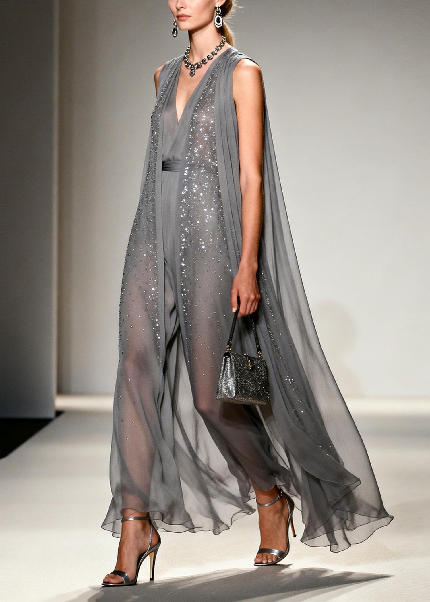 Women Grey Sparkling Zircon Draping Chiffon Dress Two Piece Set Sleeveless