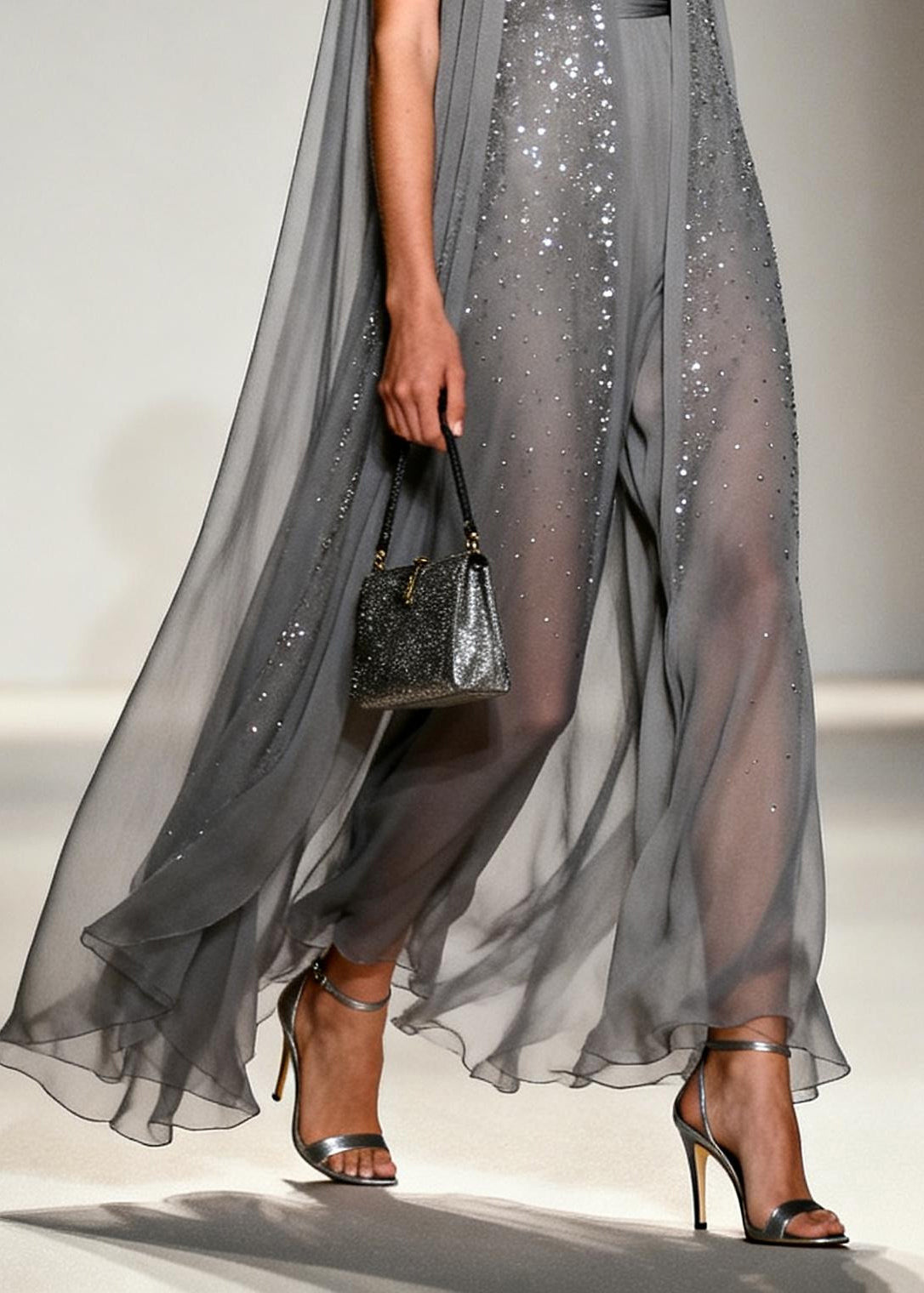 Women Grey Sparkling Zircon Draping Chiffon Dress Two Piece Set Sleeveless