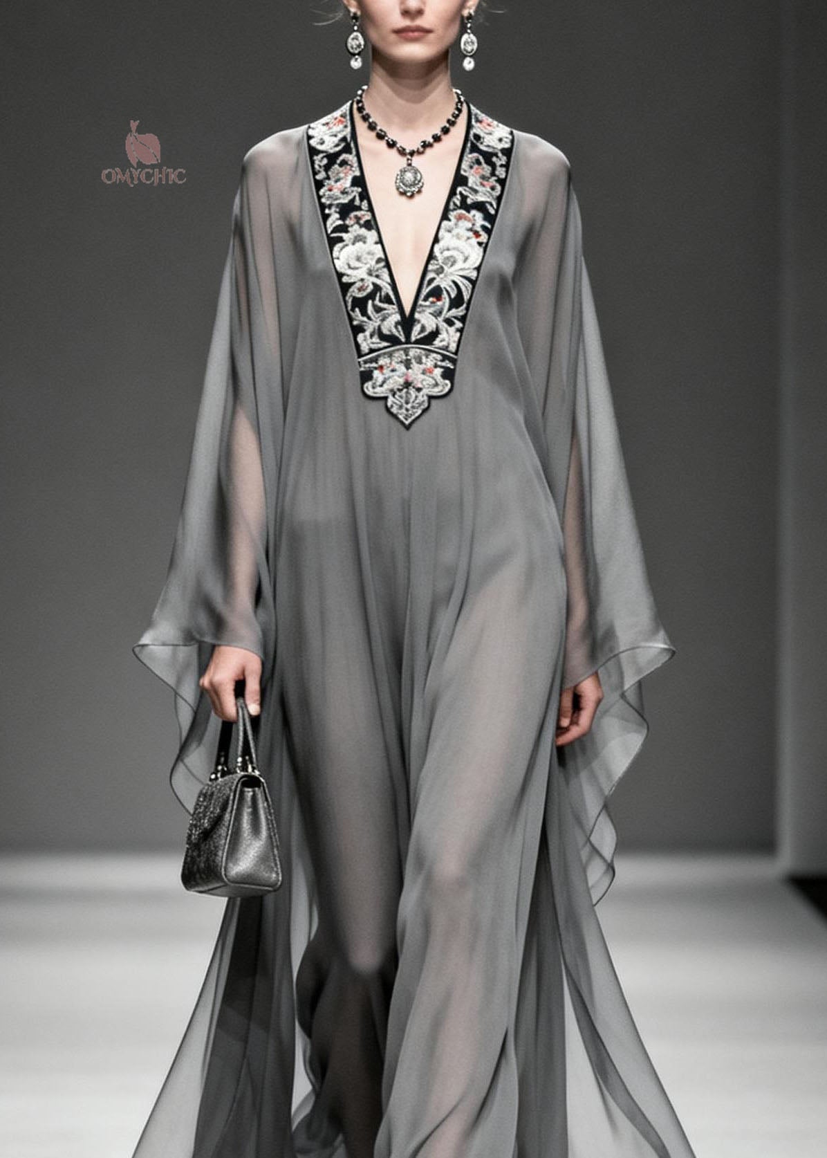Women Grey V Neck Print Loose Chiffon Long Dress Spring