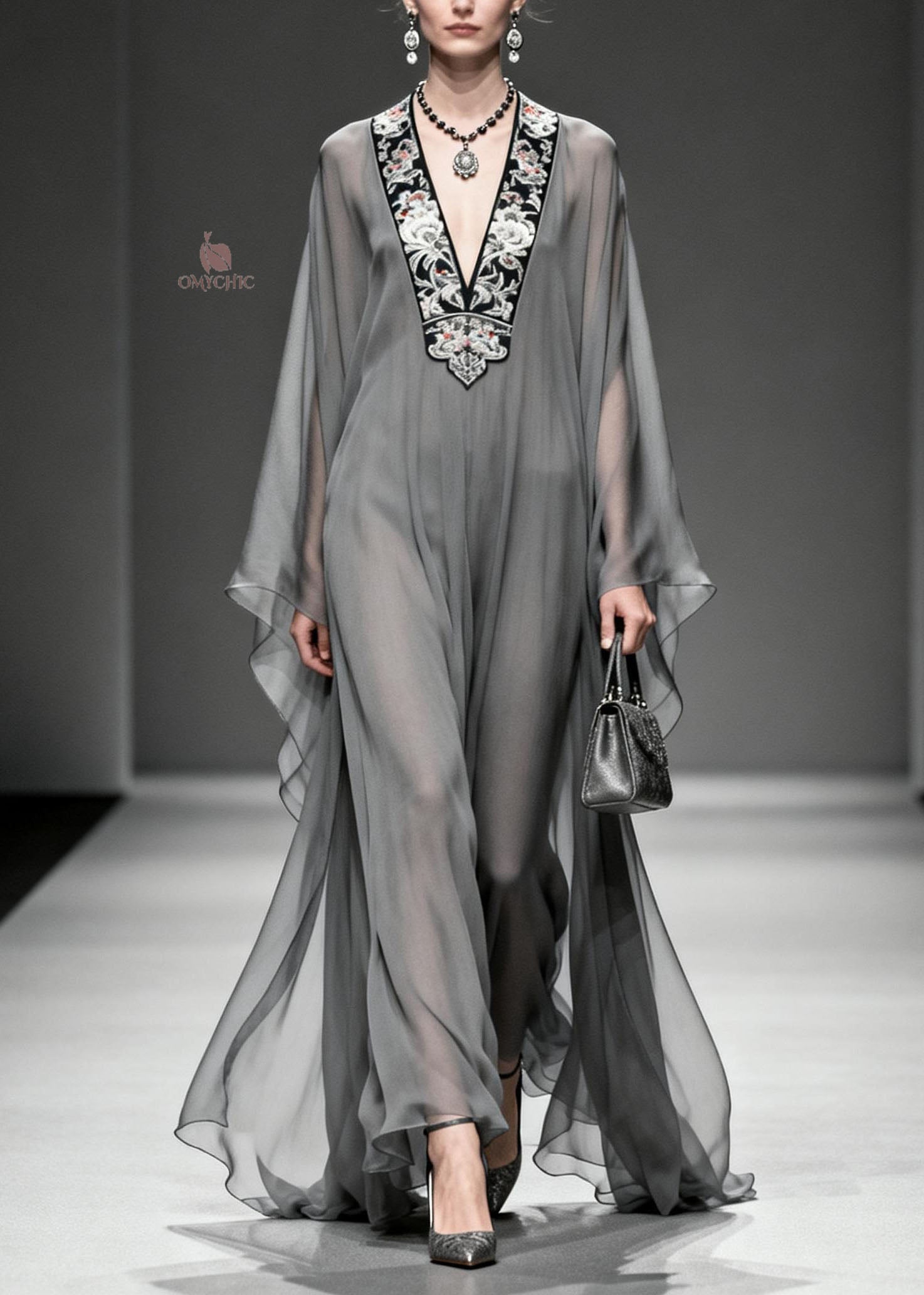 Women Grey V Neck Print Loose Chiffon Long Dress Spring