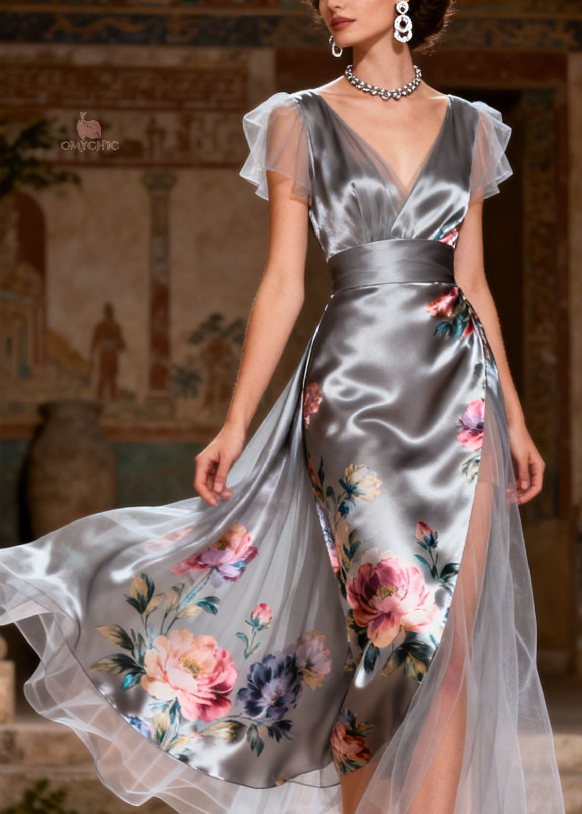 Women Grey V Neck Print Patchwork Silk Dress Summer