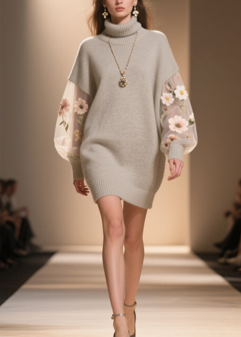 Women Hign Neck Floral Tulle Patchwork Knit Sweater Dress Winter