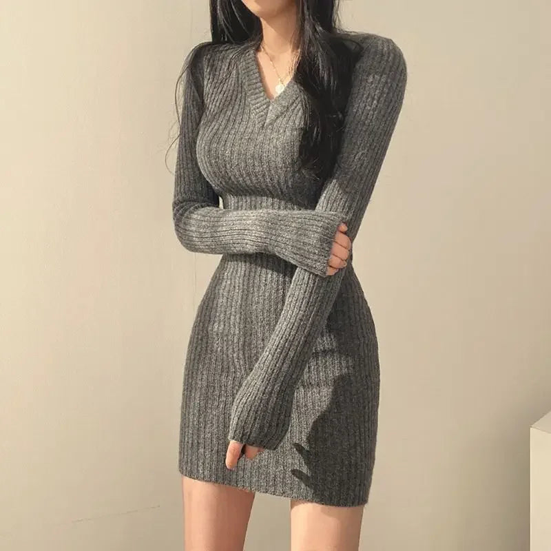 Women Knit VNeck Long Solid Casual Sweater Autumn Winter Midi Dresses