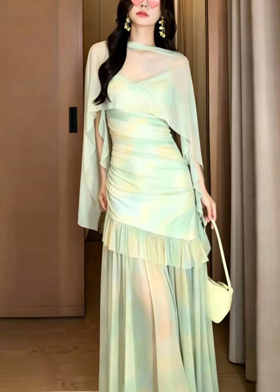 Women Light Green Print Tulle Maxi Dress And Cape Two Piece Set Summer