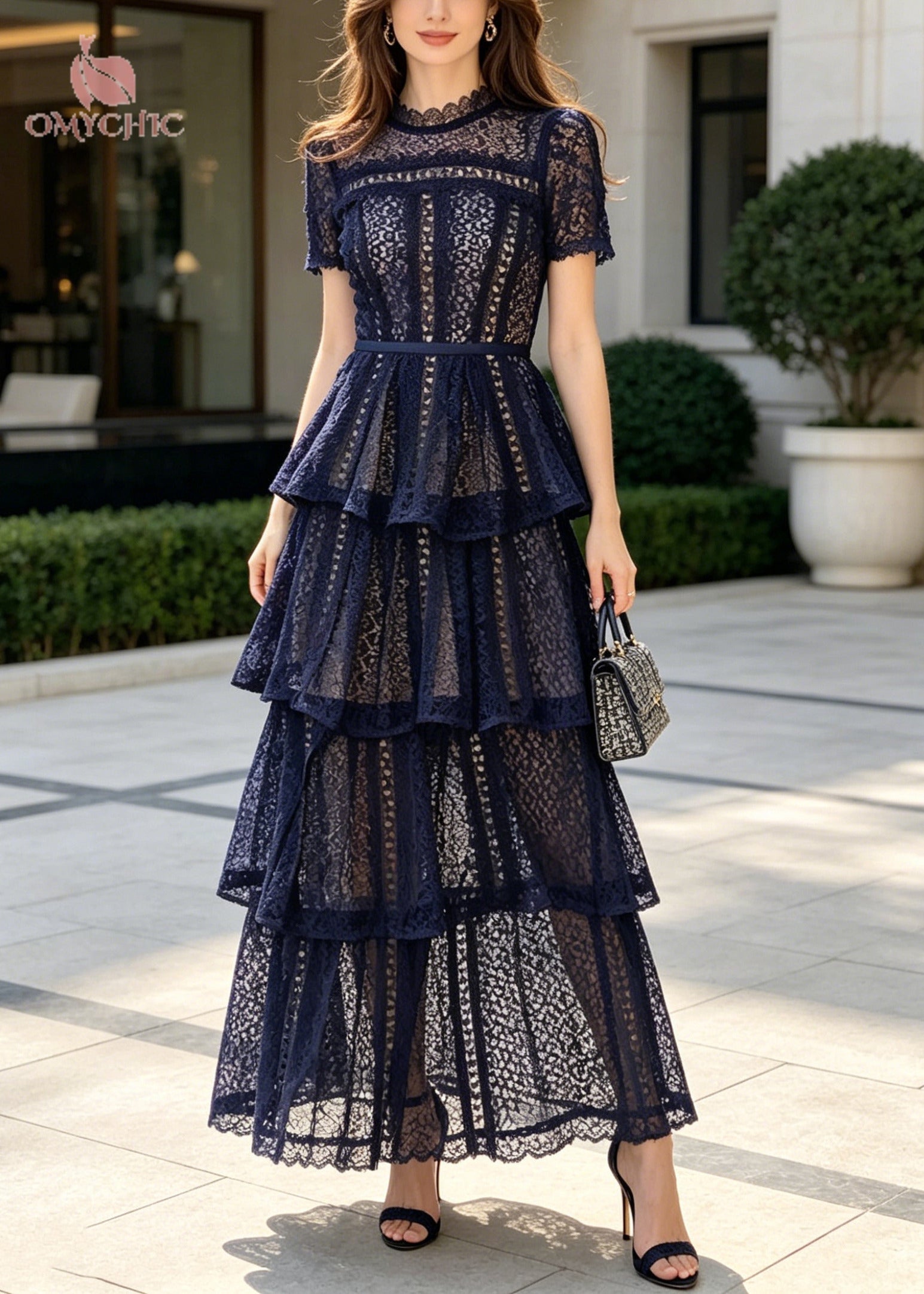 Women Navy Ruffled Hollow Out Lace Holiday Dress Summer