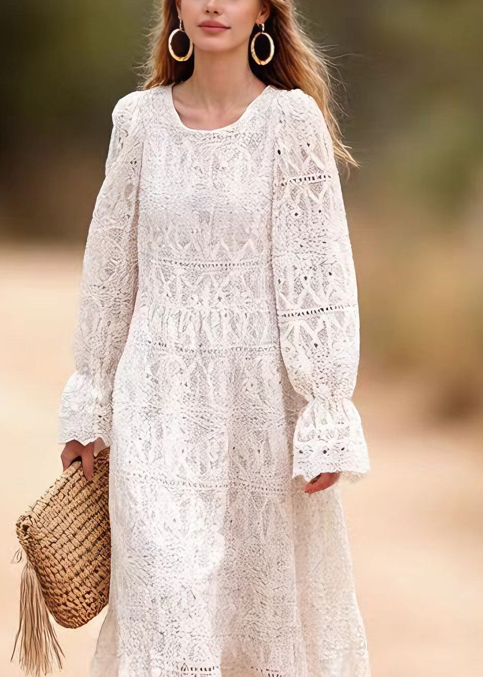 Women O Neck Embroidered Hollow Out Lace Long Dresses Spring