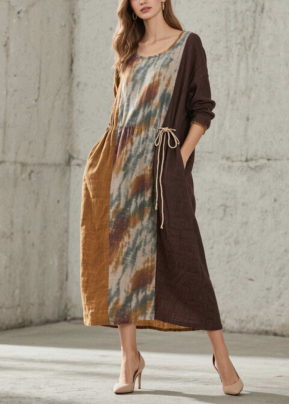 Women O Neck Print Lace Up Cotton Maxi Dresses Fall