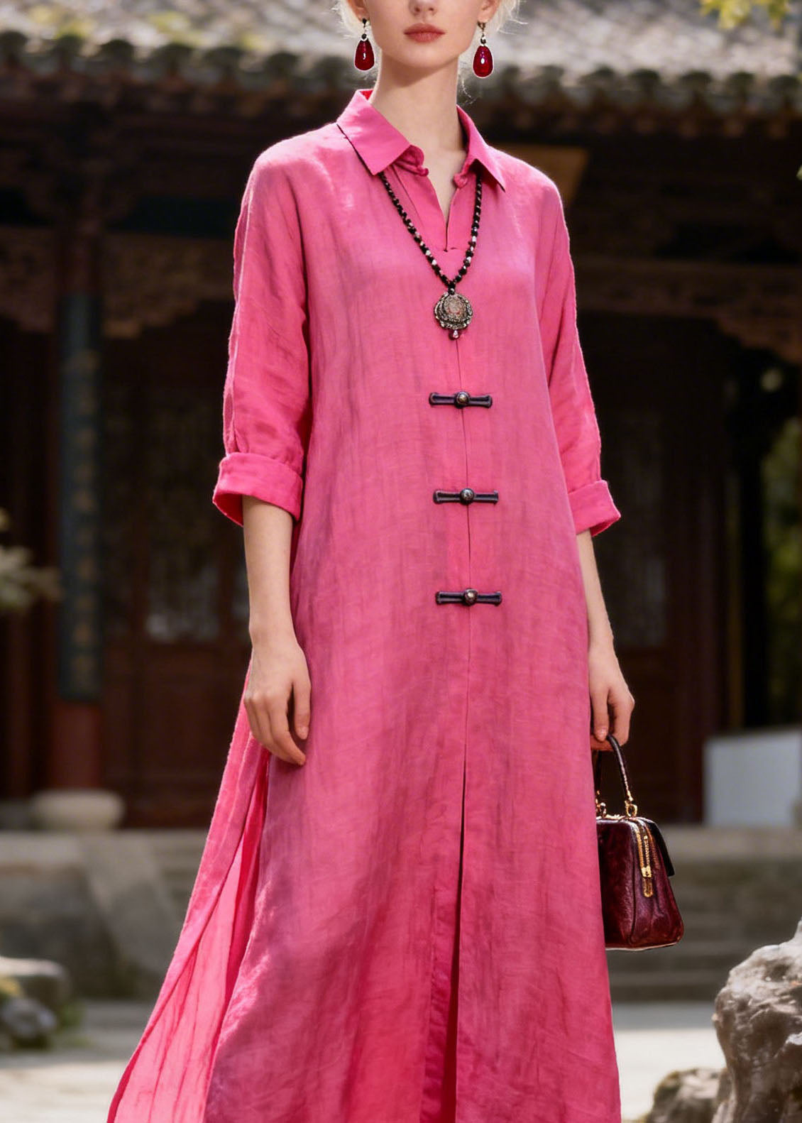 Women Rose Peter Pan Collar Patchwork Chinese Button Cotton Dresses Summer