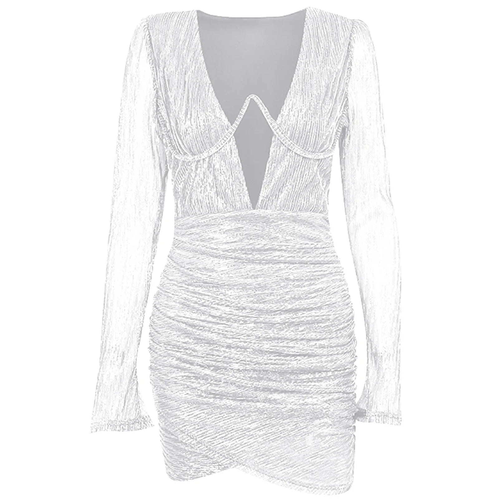 Deep V Neck Tempting Wrap Hip Solid Color Long Sleeve Bodycon Pleated Slim Mini Evening Dress