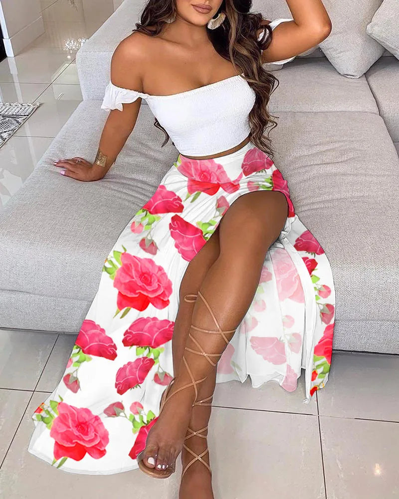DressBetty - Summer Floral Print Elegant Off-the-Shoulder Split Long Maxi Skirt