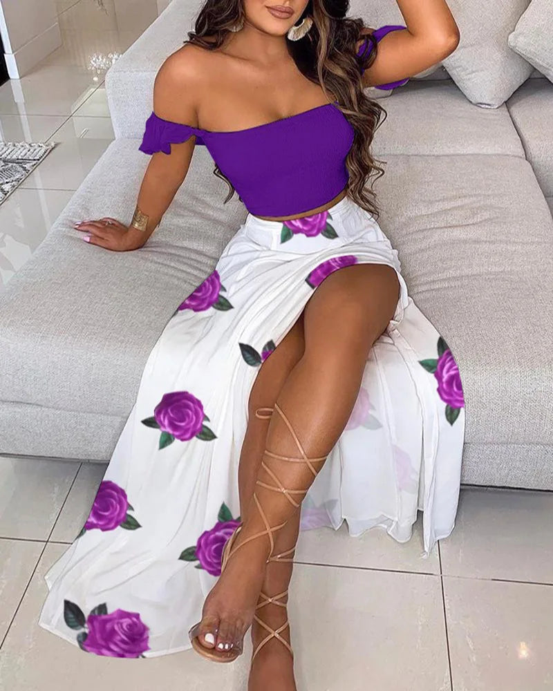 DressBetty - Summer Floral Print Elegant Off-the-Shoulder Split Long Maxi Skirt