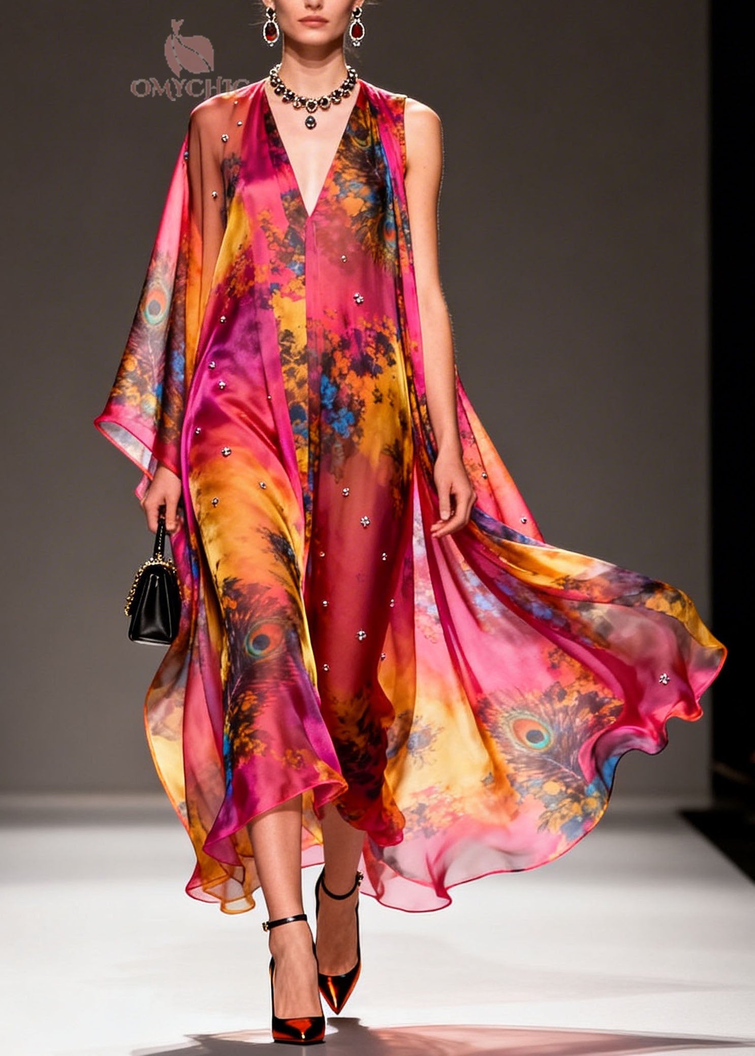 Women V Neck Asymmetrical Design Print Chiffon Dress Summer