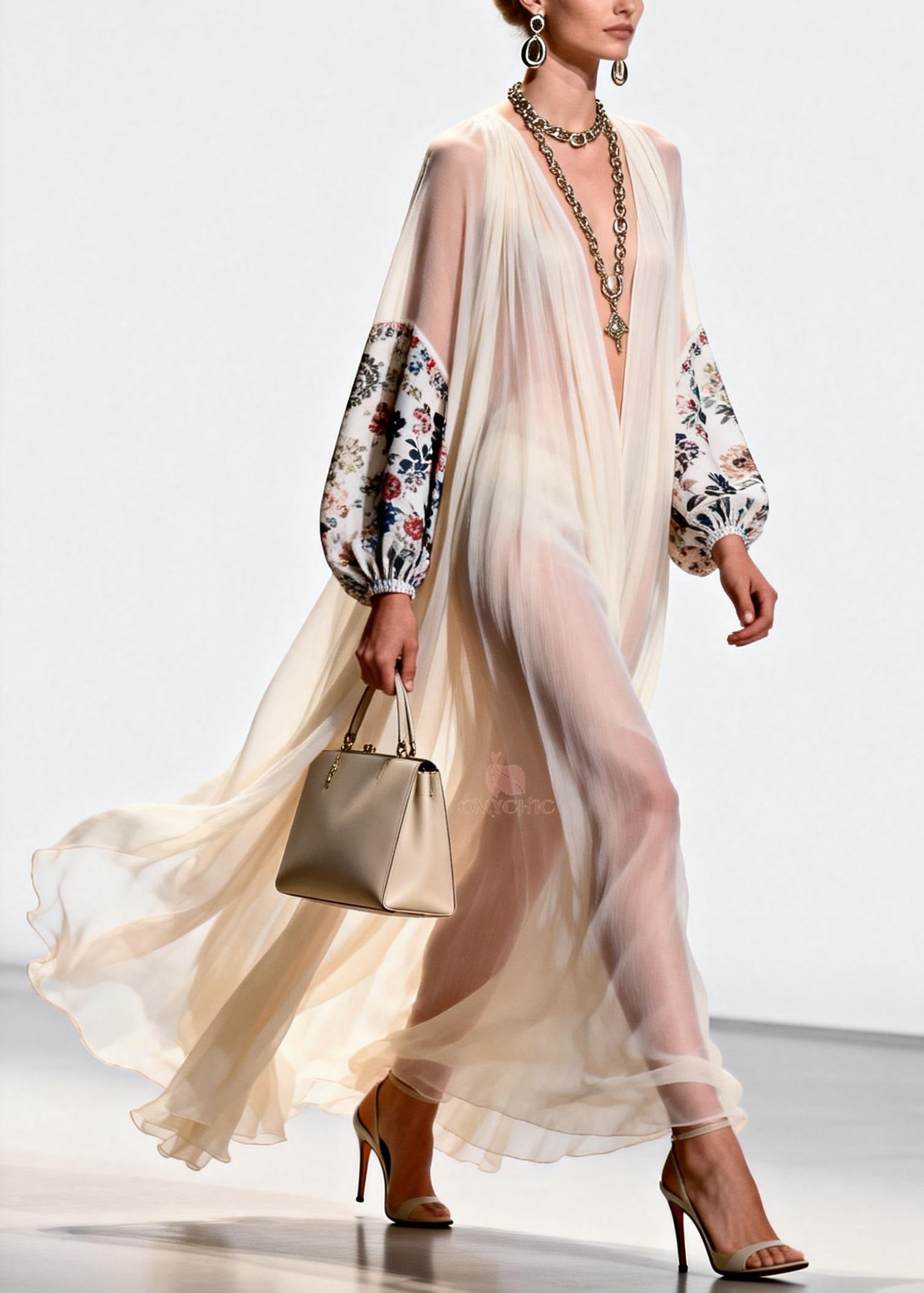 Women V Neck Print Patchwork Chiffon Dress Spring