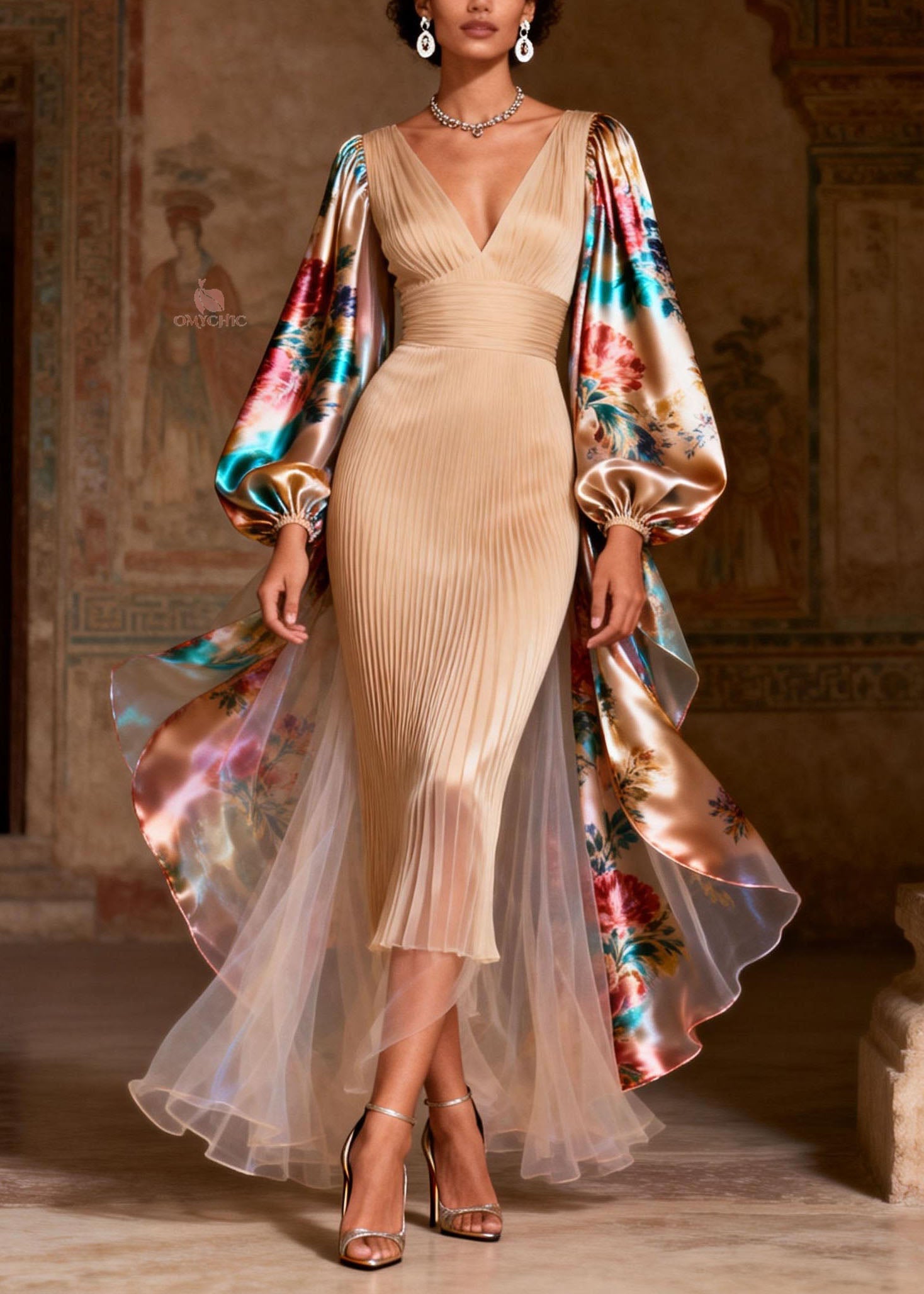 Women V Neck Print Patchwork Silk Long  Dress Spring