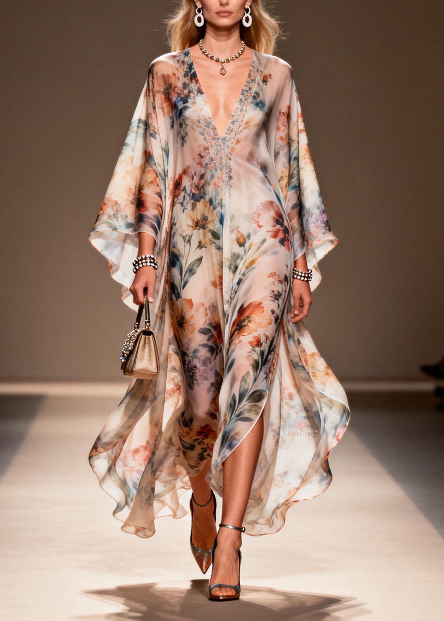Women V Neck Print Side Open Chiffon Dress Spring