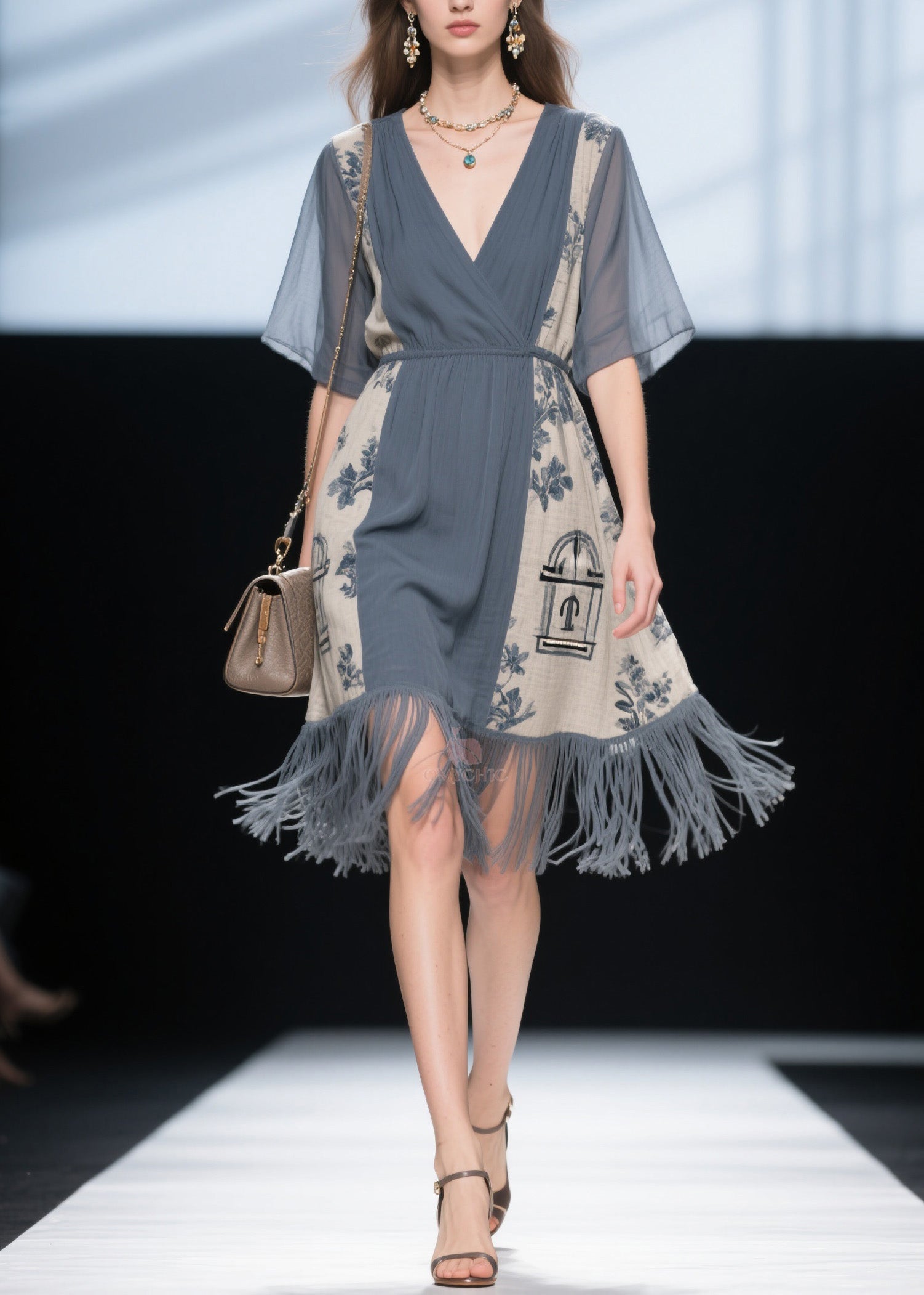 Women V Neck Print Tassel Patchwork Cotton Dress Summer