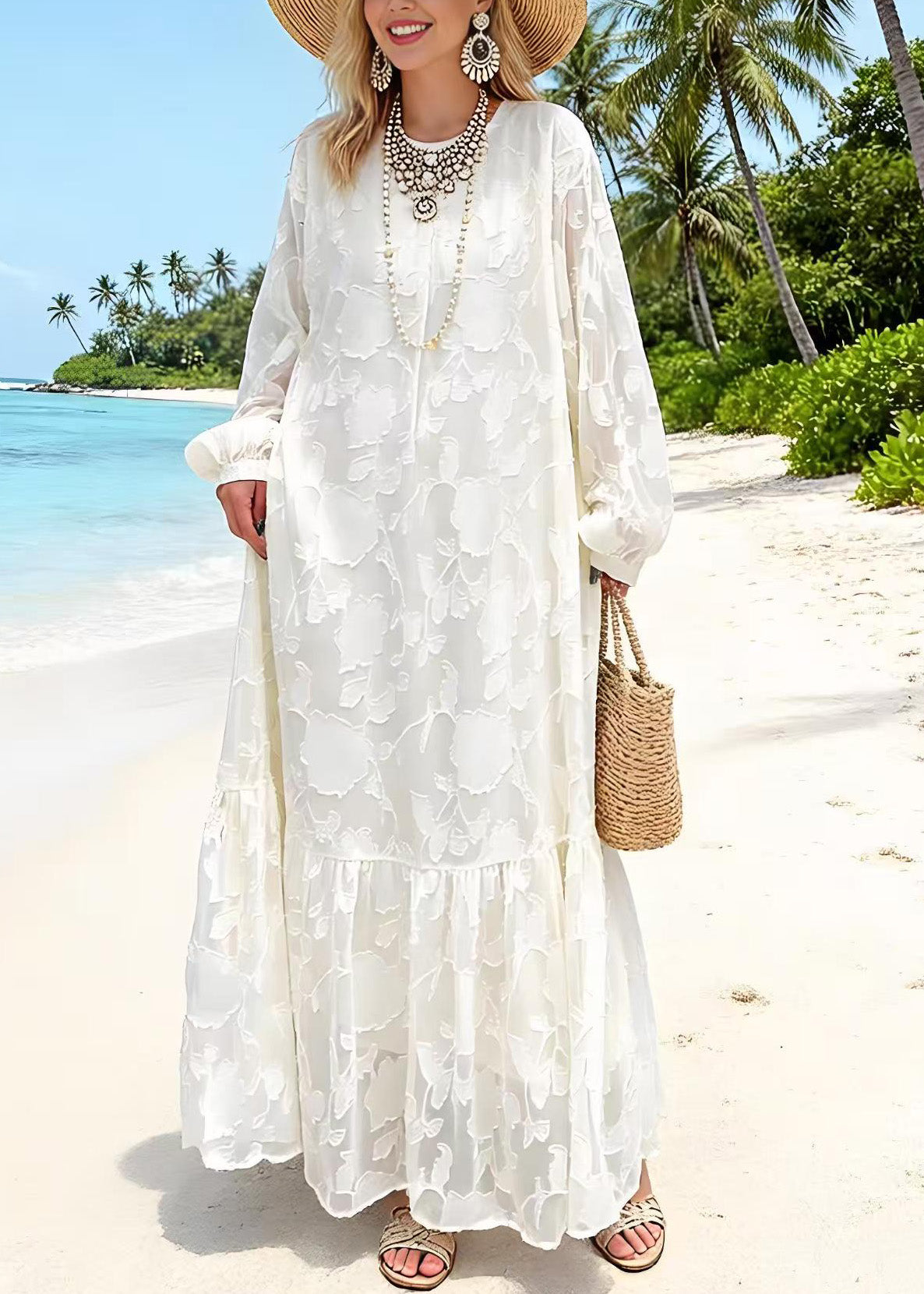 Women White O Neck Embroidered Lace Dresses Spring