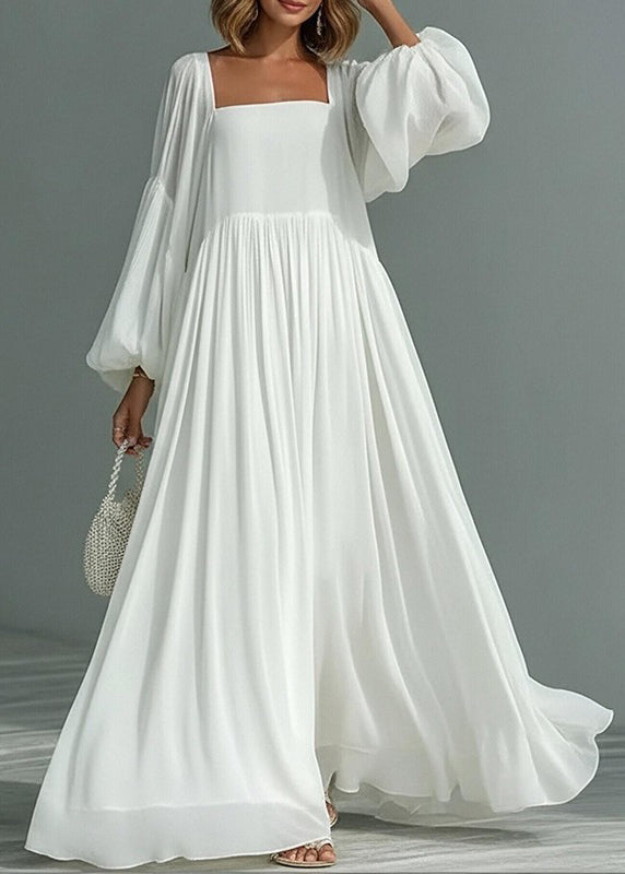Women White Square Collar Wrinkled Patchwork Cotton Dresses Summer
