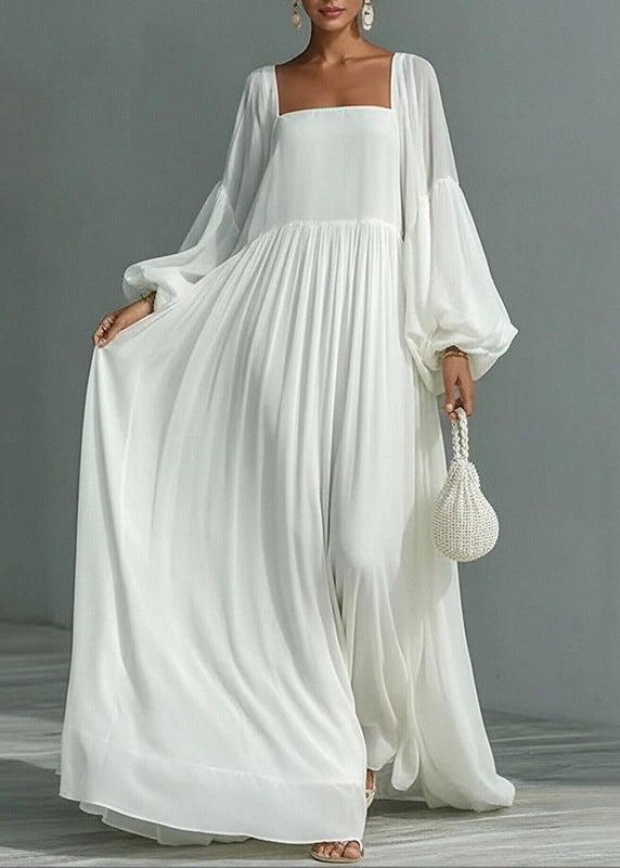 Women White Square Collar Wrinkled Patchwork Cotton Dresses Summer