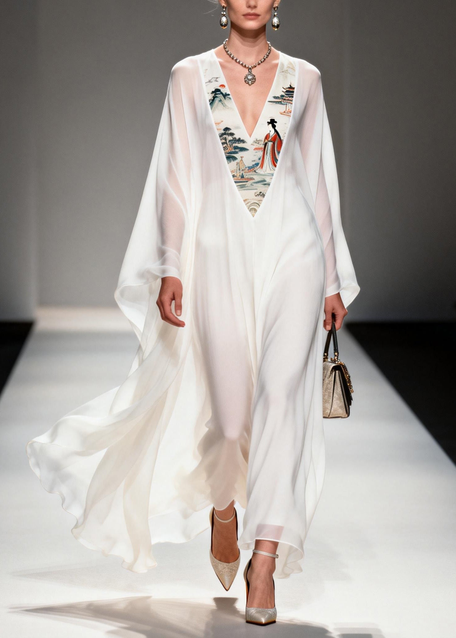 Women White V Neck Print Patchwork Chiffon Dresses Spring