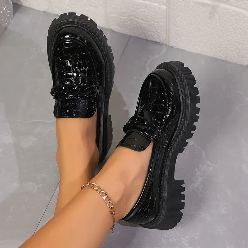 Chain Decor Black Patent Leather Comfortable Slip On Dress Loafers - View 6 | VelvetHem
