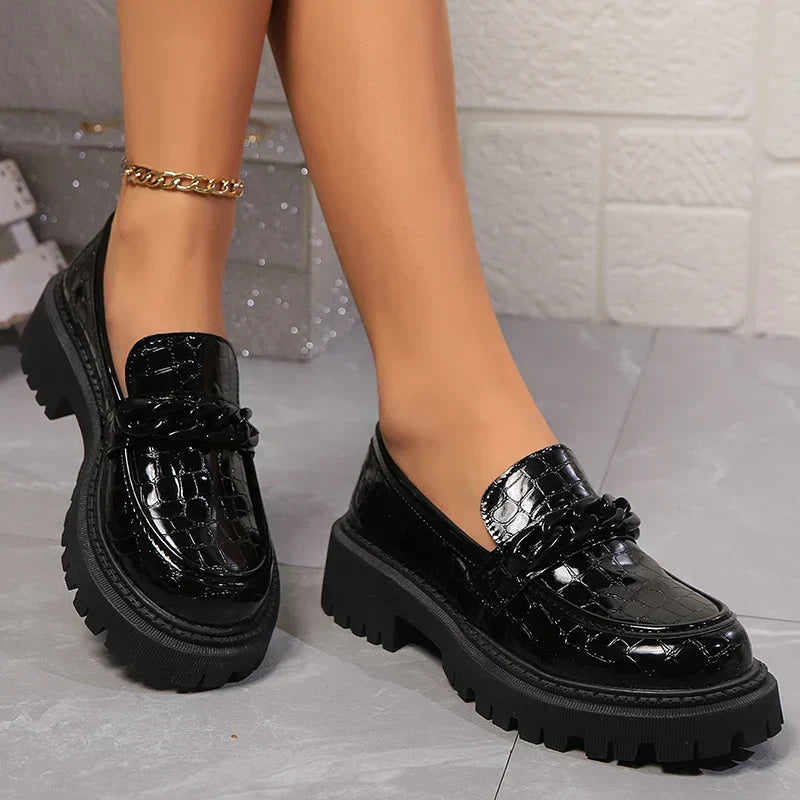 Chain Decor Black Patent Leather Comfortable Slip On Dress Loafers - View 7 | VelvetHem