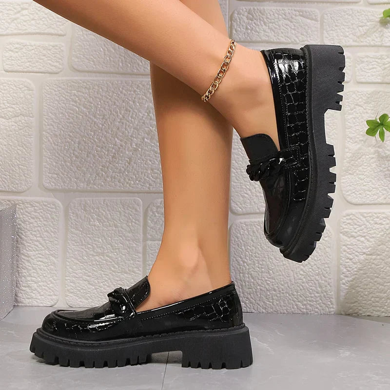 Chain Decor Black Patent Leather Comfortable Slip On Dress Loafers - View 4 | VelvetHem