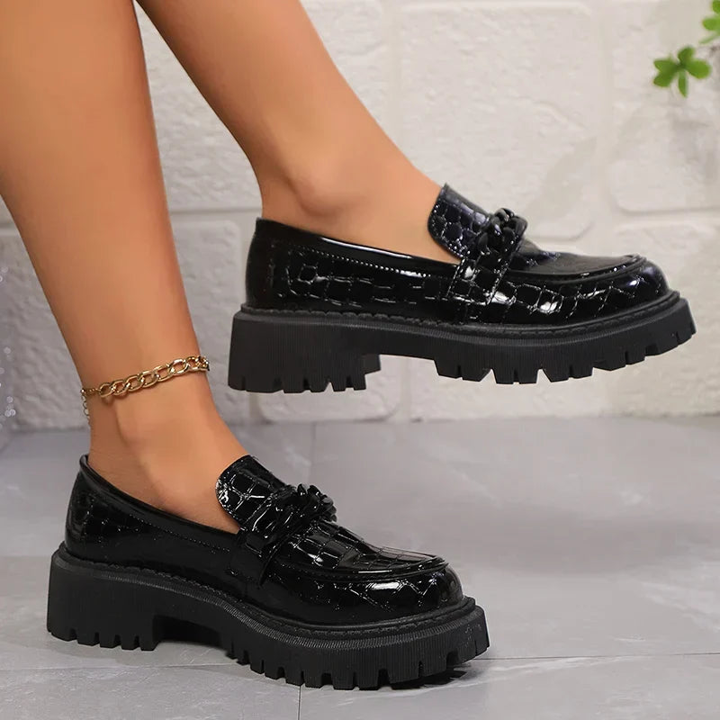 Chain Decor Black Patent Leather Comfortable Slip On Dress Loafers - View 3 | VelvetHem
