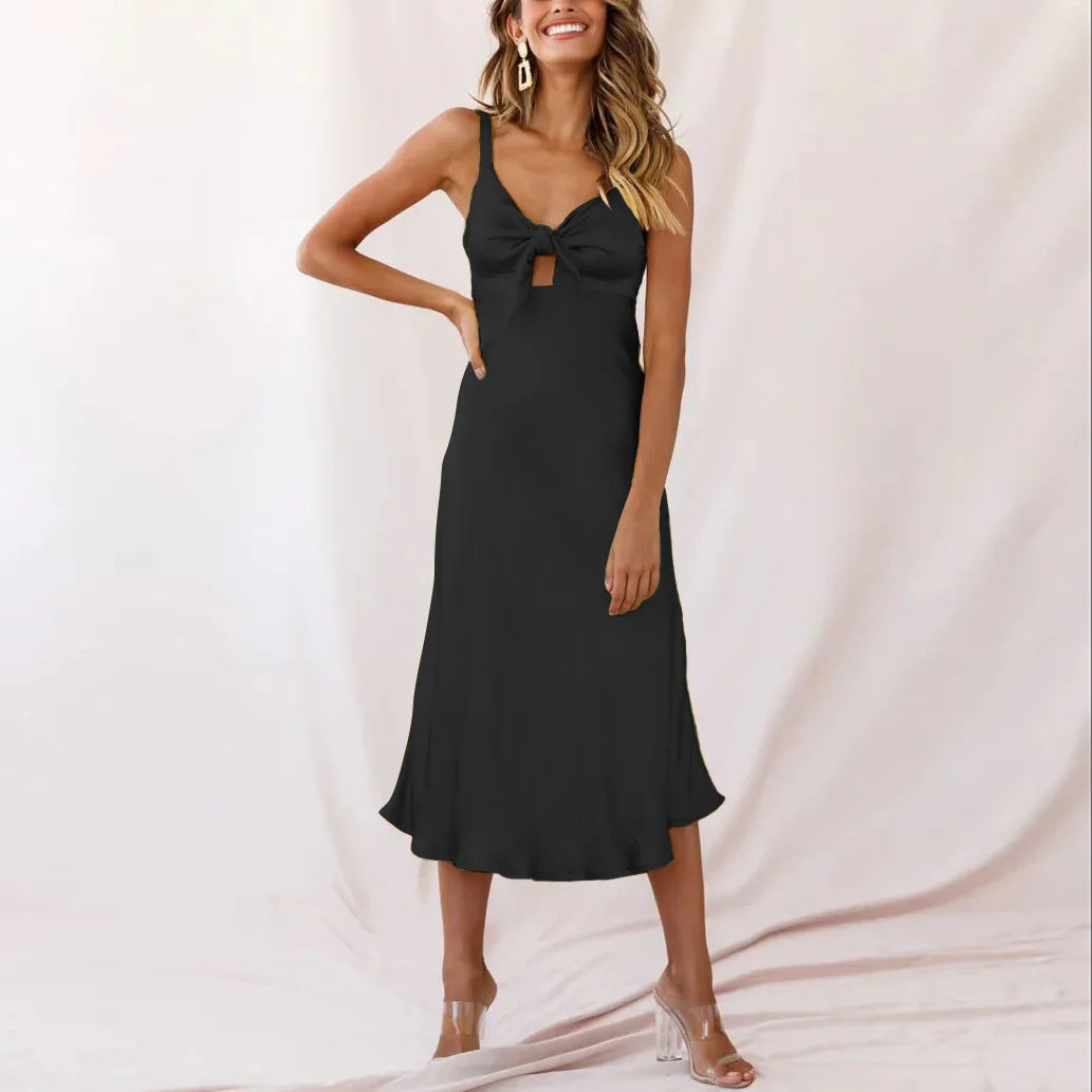 Pink Lace Satin Slim Midi Dress - View 3 | VelvetHem