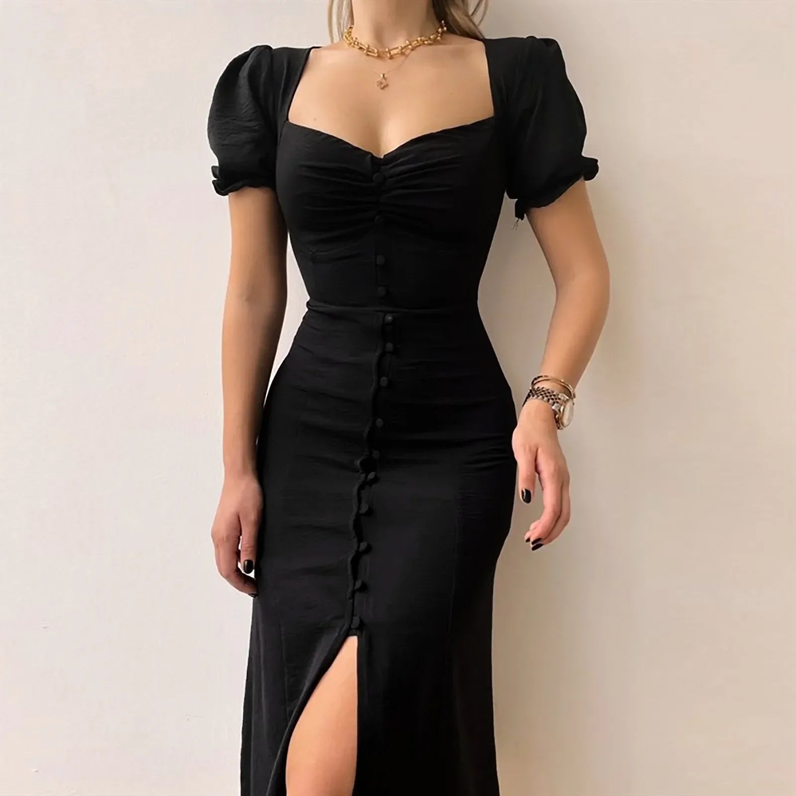 Casual Solid Square Neck Aline Pleated Midi Dress