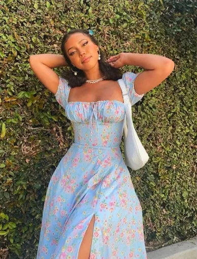 Floral Spring French Backless Slimfit Halter Trending Midi Dresses