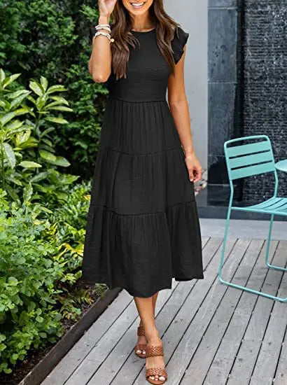 Solid Swing Sleeve Midi Dress - View 2 | VelvetHem