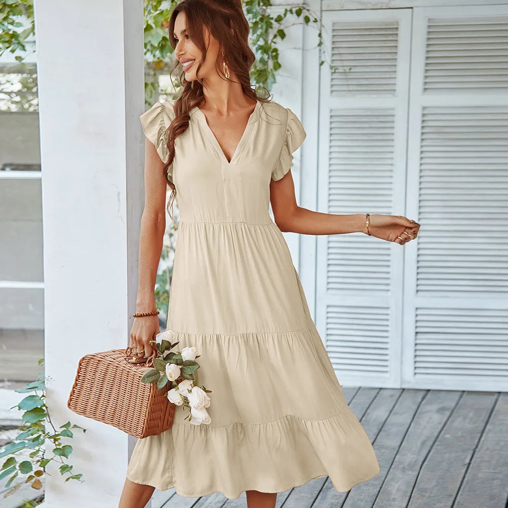Flying V Neck Midi Dress - View 2 | VelvetHem