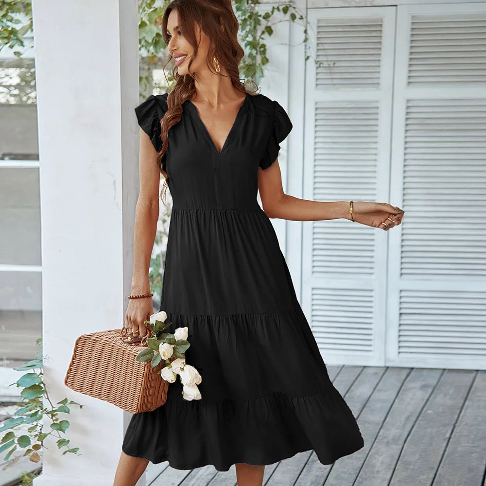 Flying V Neck Midi Dress - View 6 | VelvetHem