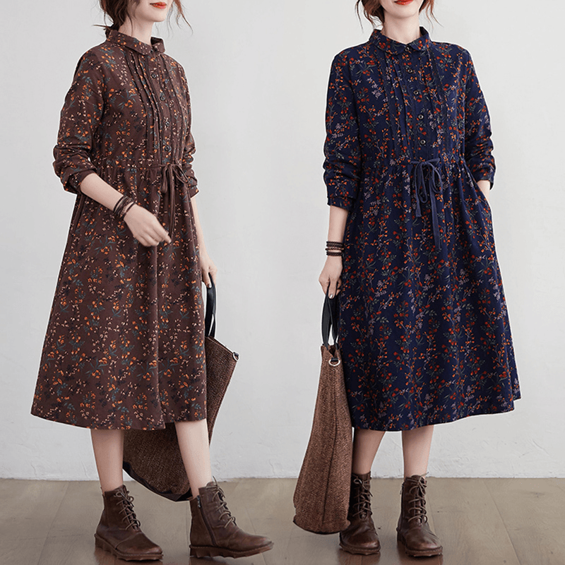 Women Cotton Linen Long Dress New 2021 Autumn Vintage Style Print Turn-down Collar Loose Ladies A-line Casual Dresses