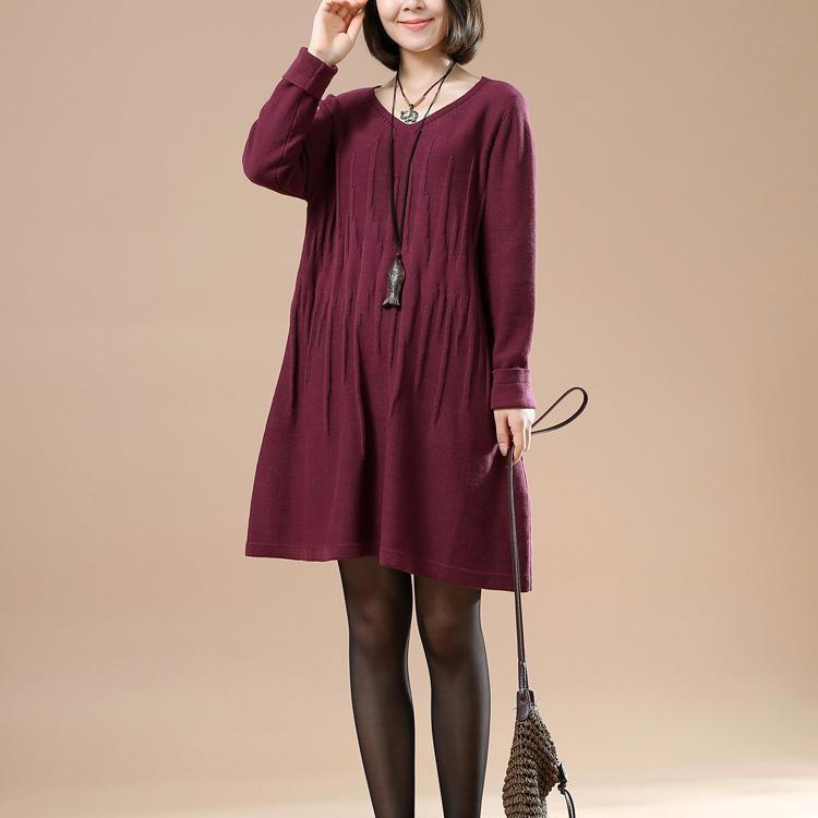Wrinkled sweaters women knit winter dresses in burgundy