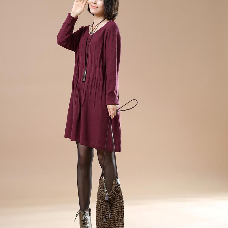 Wrinkled sweaters women knit winter dresses in burgundy