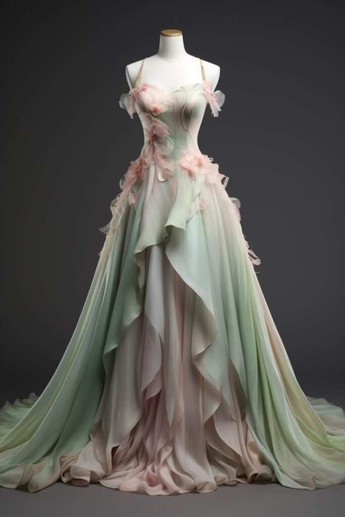 Charming Pink Green Chiffon Applique Evening Dress Long Prom Dress