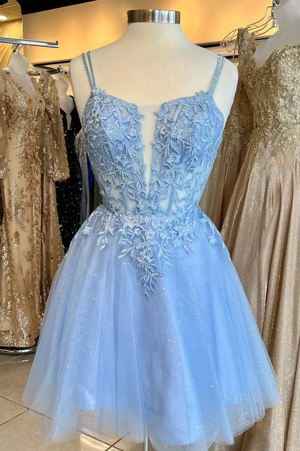 Straps Blue Appliques A-line Short Homecoming Dress (ZD11917)