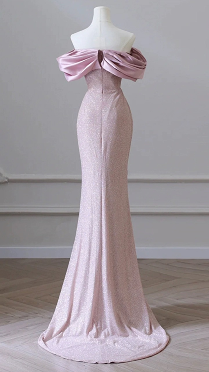 Flesh Pink Sequin Evening Gown Elegant Women's Off Shoulder Party Prom Evening Dress Y6963 - View 5 | VelvetHem