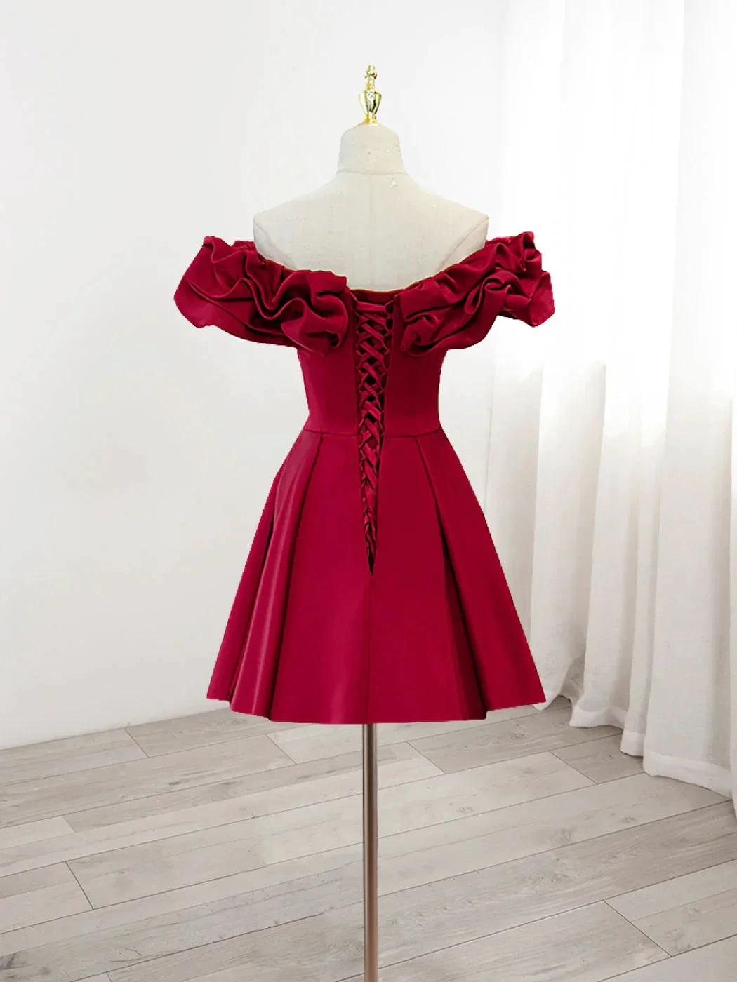 Burgundy A-Line Off Shoulder Satin Homecoming Dress (ZD12084)