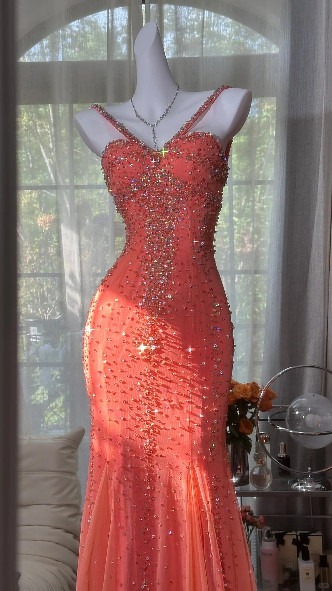 Sparkly Spaghetti Straps Orange Chiffon Beaded Mermaid Evening Dress Long Party Dress