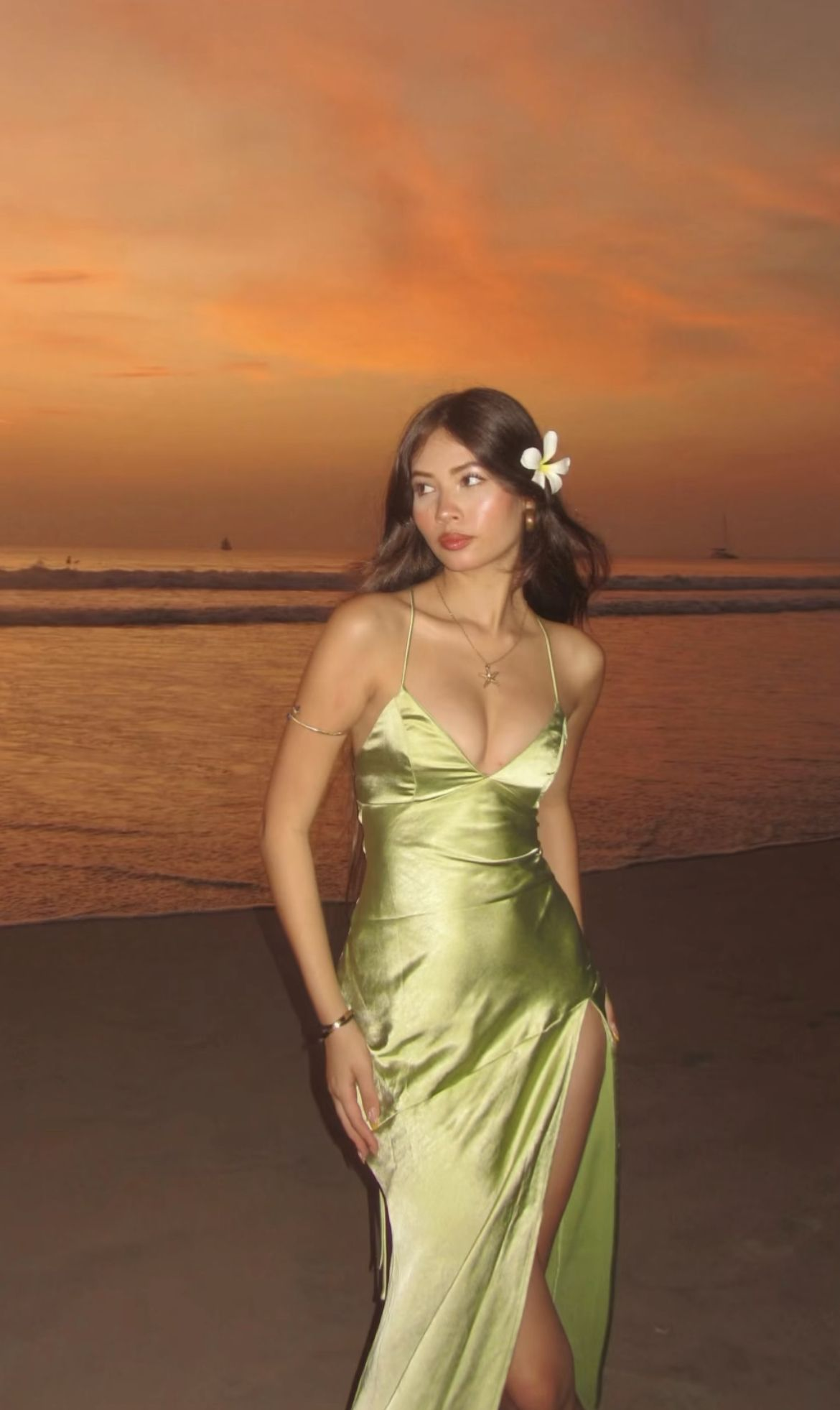 Simple Green Halter Satin Slit A Line Long Party Dress Evening Gown