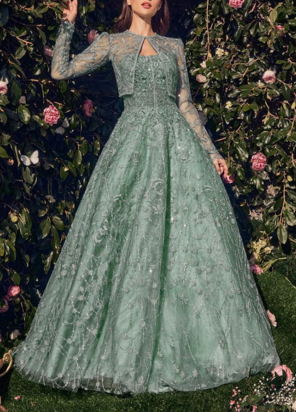 Vintage Green Tulle Sequins Beaded A Line Prom Dress,Formal Ball Gown Evening Dress