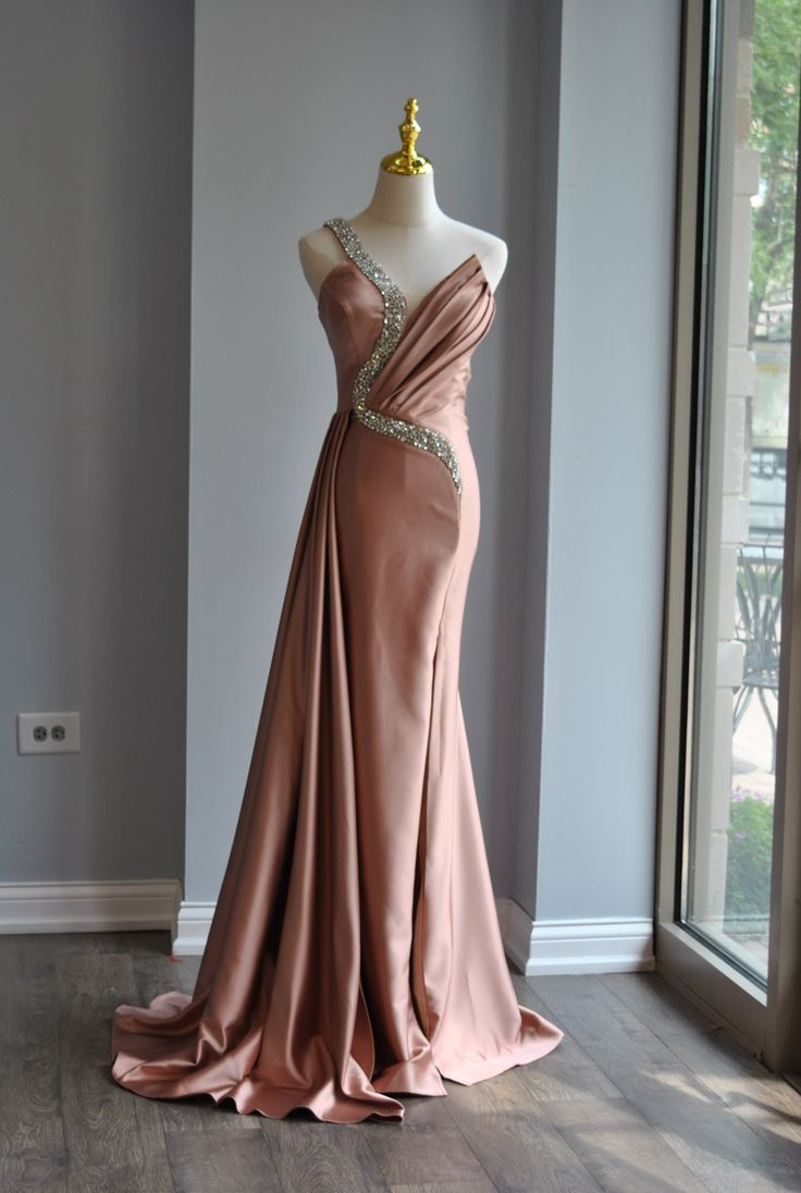 Vintage One Shoulder Satin Beaded Mermaid Prom Dress,Rose Pink Evening Dress Party Gown